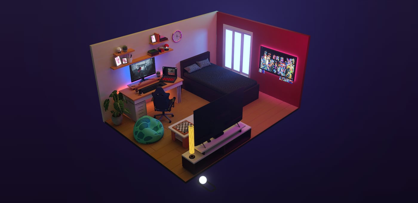 The 3D room in its night lighting