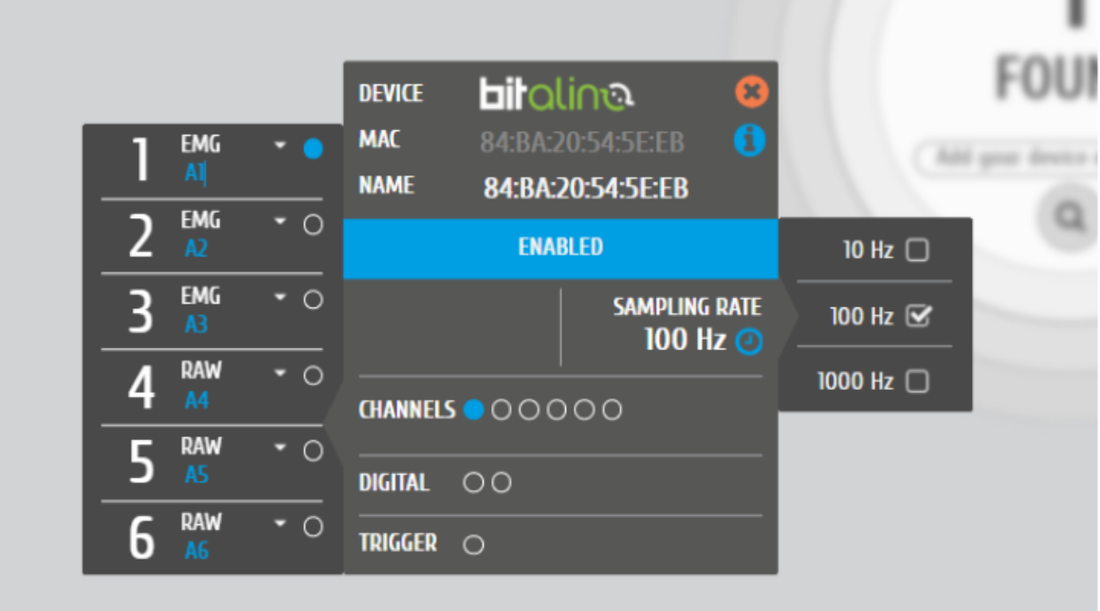OpenSignals device panel: channels set to EMG on A1–A3, sampling rate 100 Hz