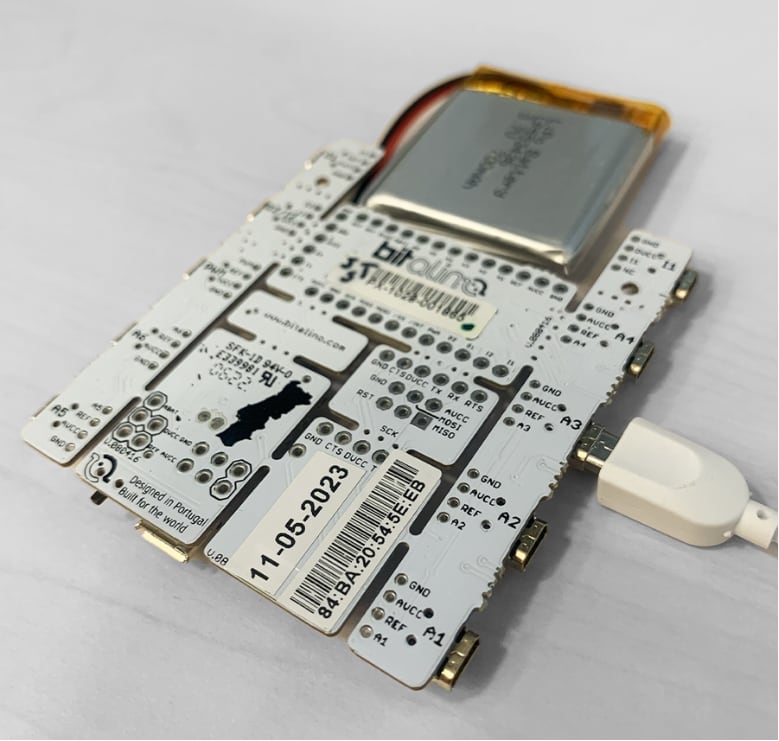 Back of the board showing the labelled A1–A6 ports and the MAC address sticker