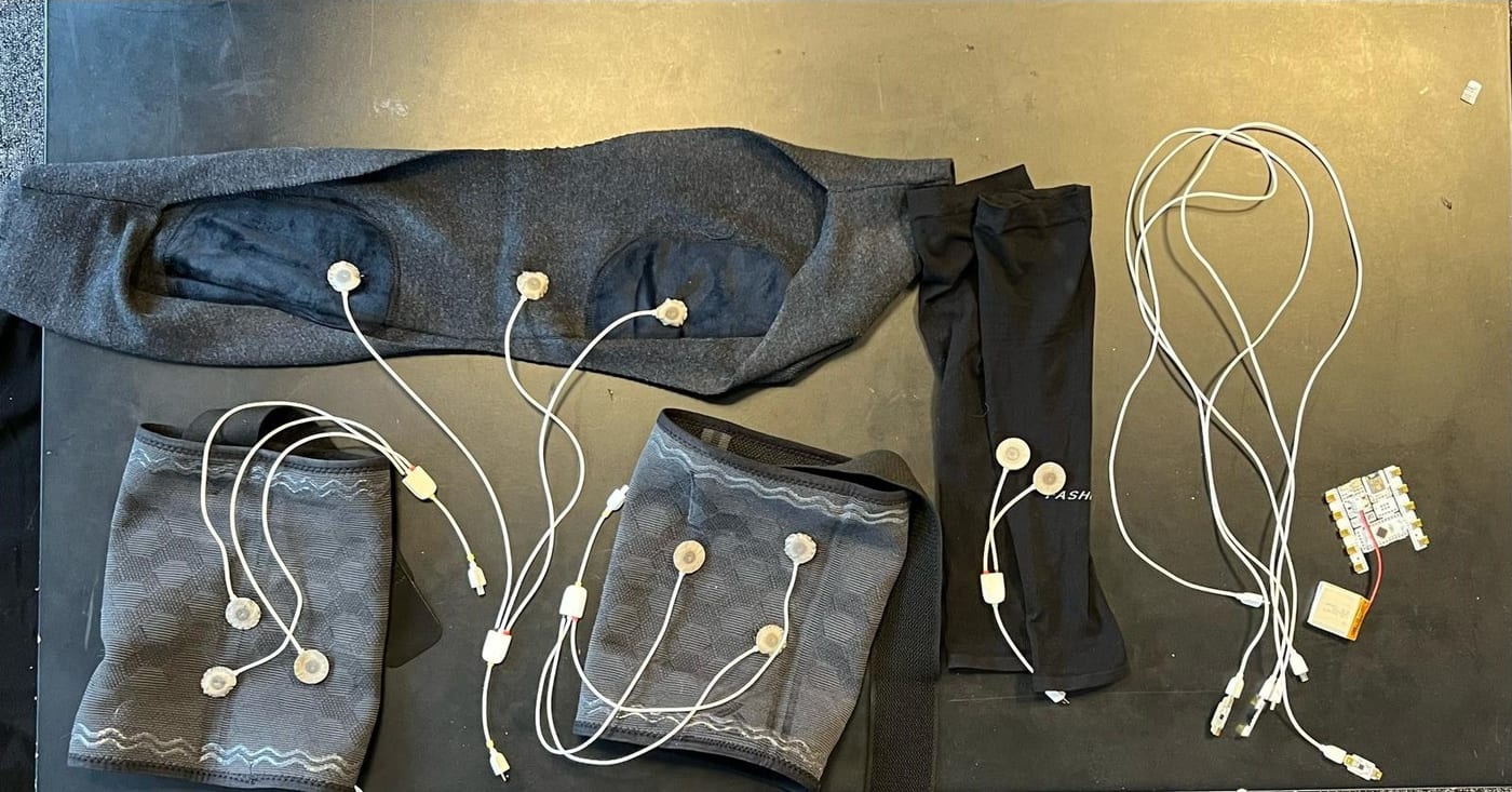 E-textile garments with sewn EMG sensors, BITalino and battery