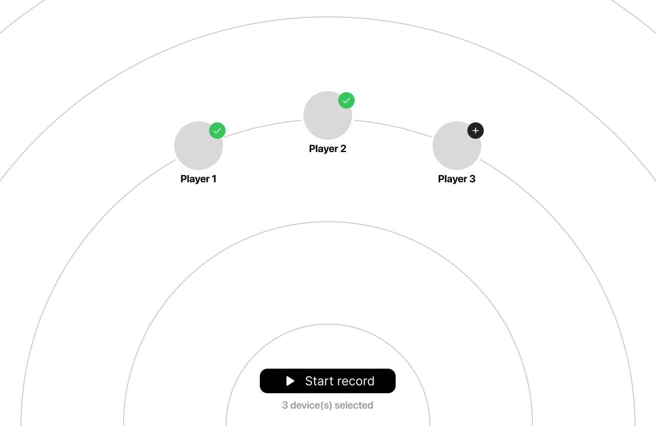 Device selection screen: three player pucks on concentric rings, two ticked, Start record button