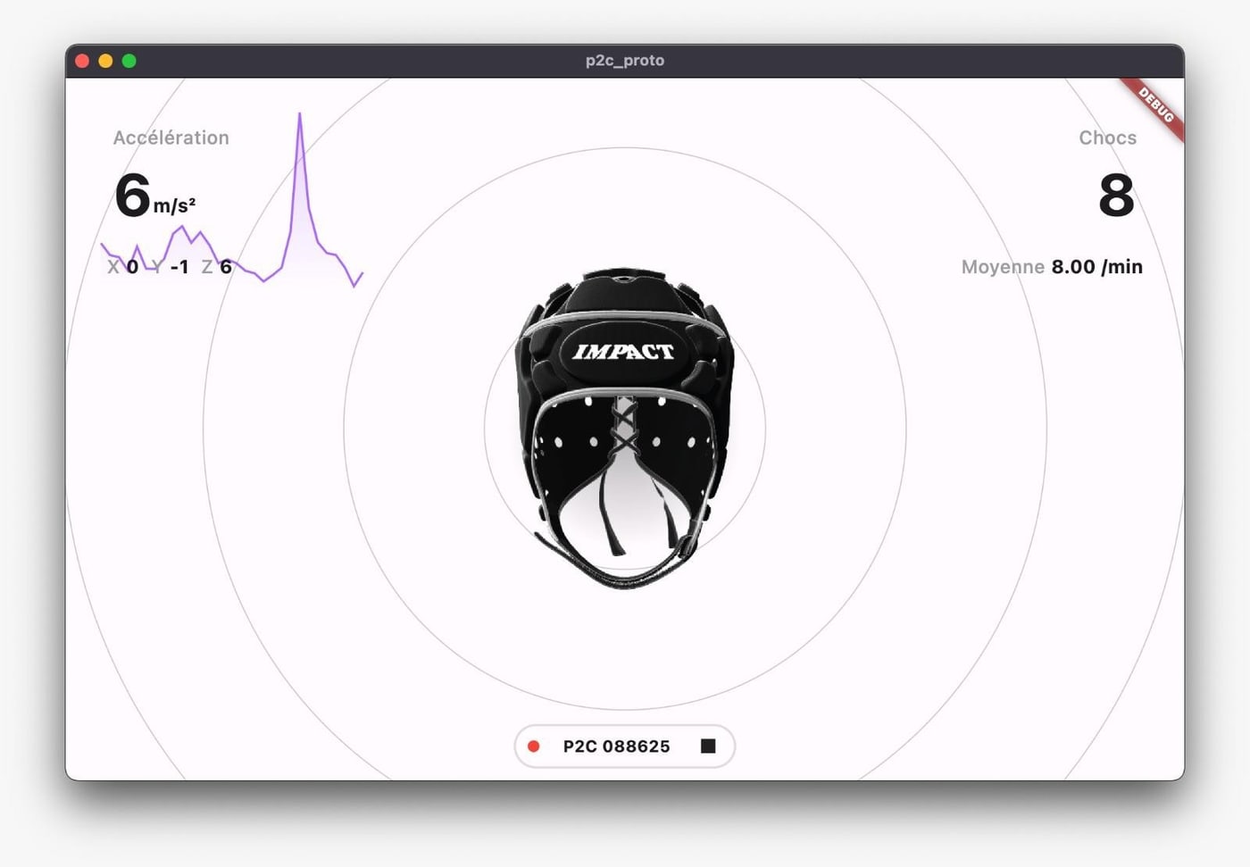 Live monitoring screen: 6 m/s², 8 shocks, average 8.00 per minute, calm white background