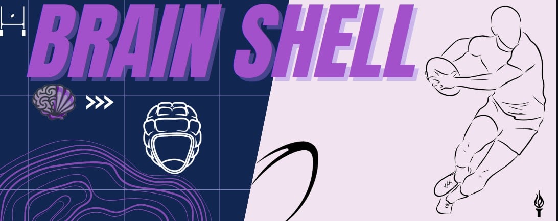 Brain Shell brand banner with rugby line art