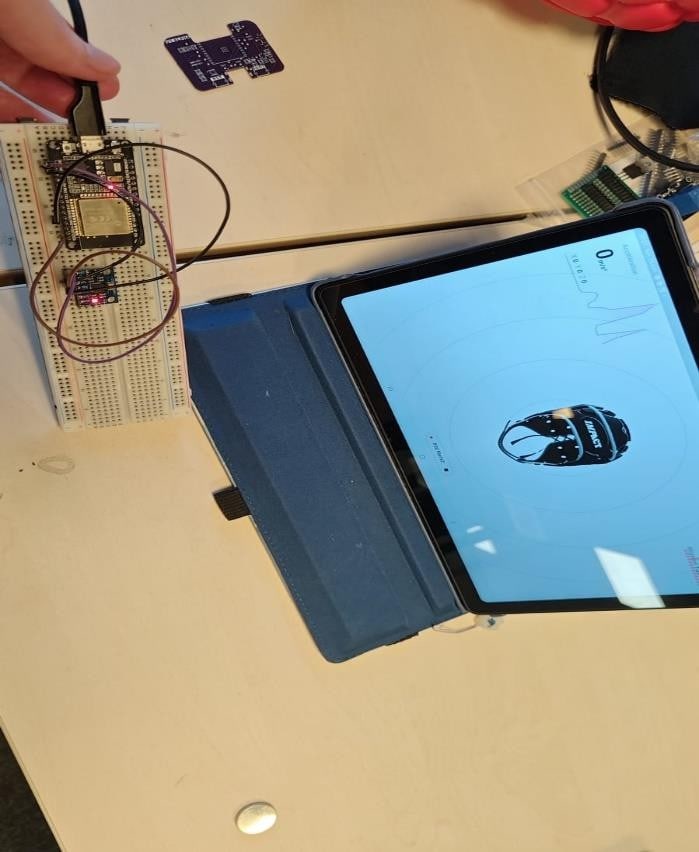 Bench setup: prototype board wired next to a laptop running the dashboard