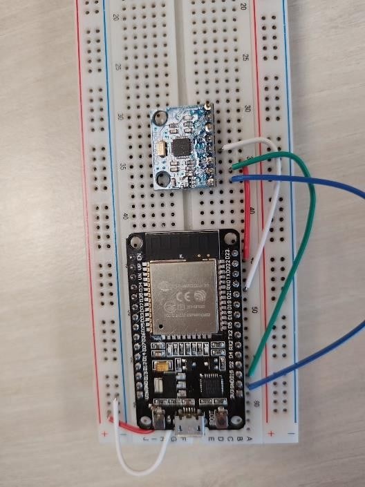 ESP32 module on a breadboard, wired for bench testing