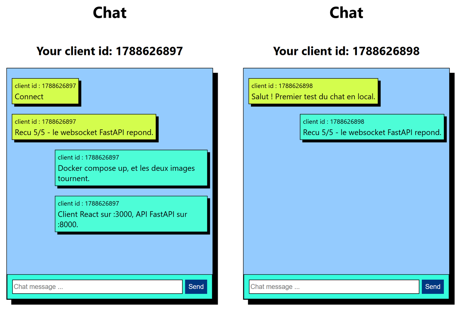 Two browser windows of the chat, each with its own client id, showing the same conversation