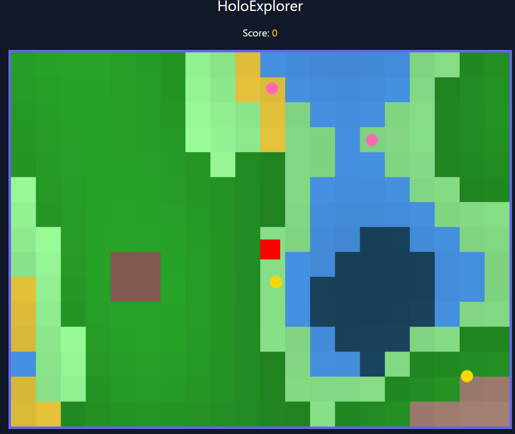HoloExplorer running: a procedurally generated biome map with the player and collectibles