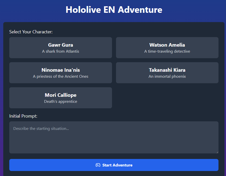 Character selection screen with five Hololive EN members and a starting-prompt field