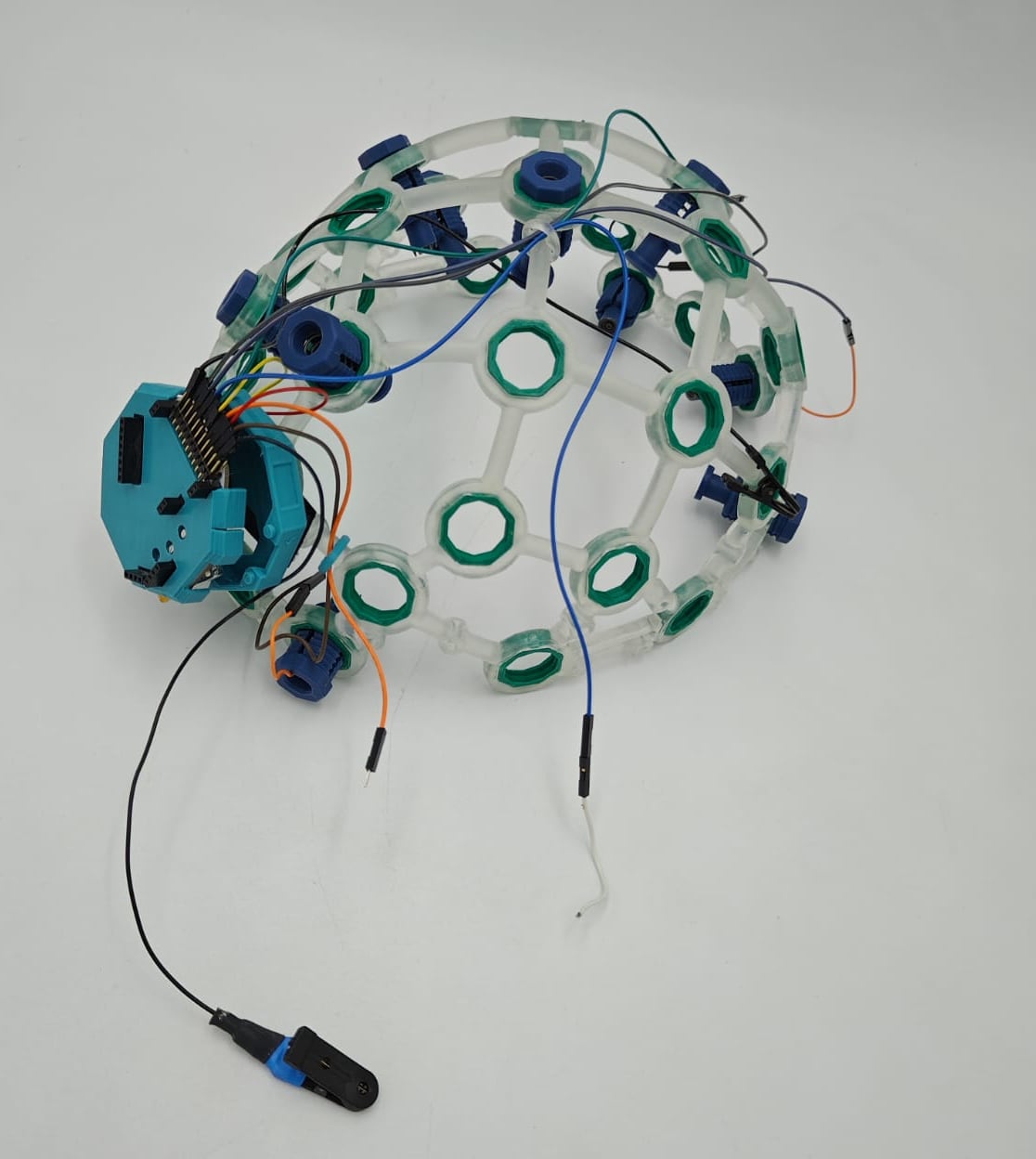 Earlier 3D-printed EEG headset prototype with dry electrode mounts