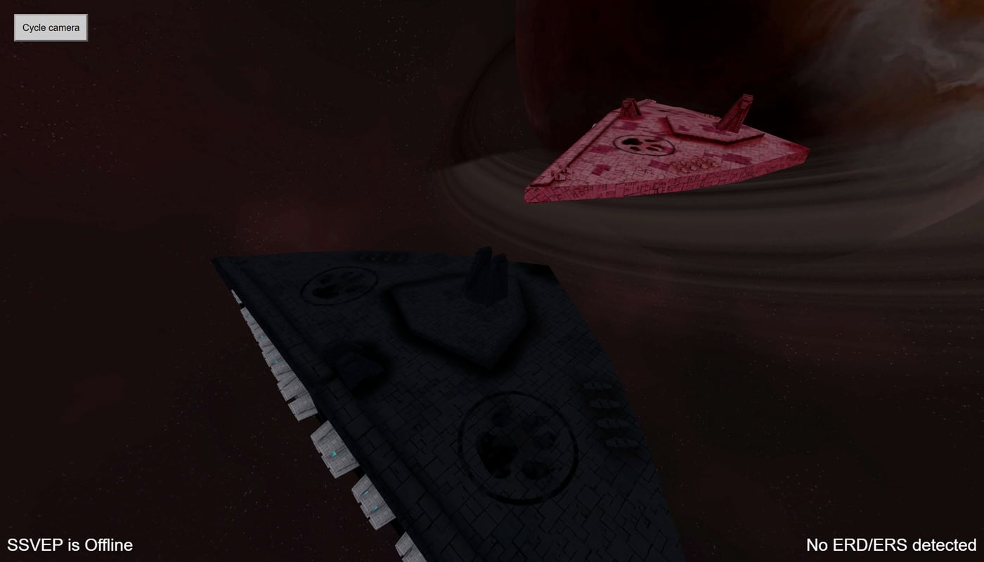 The exterior camera: two capital ships drifting in front of a planet
