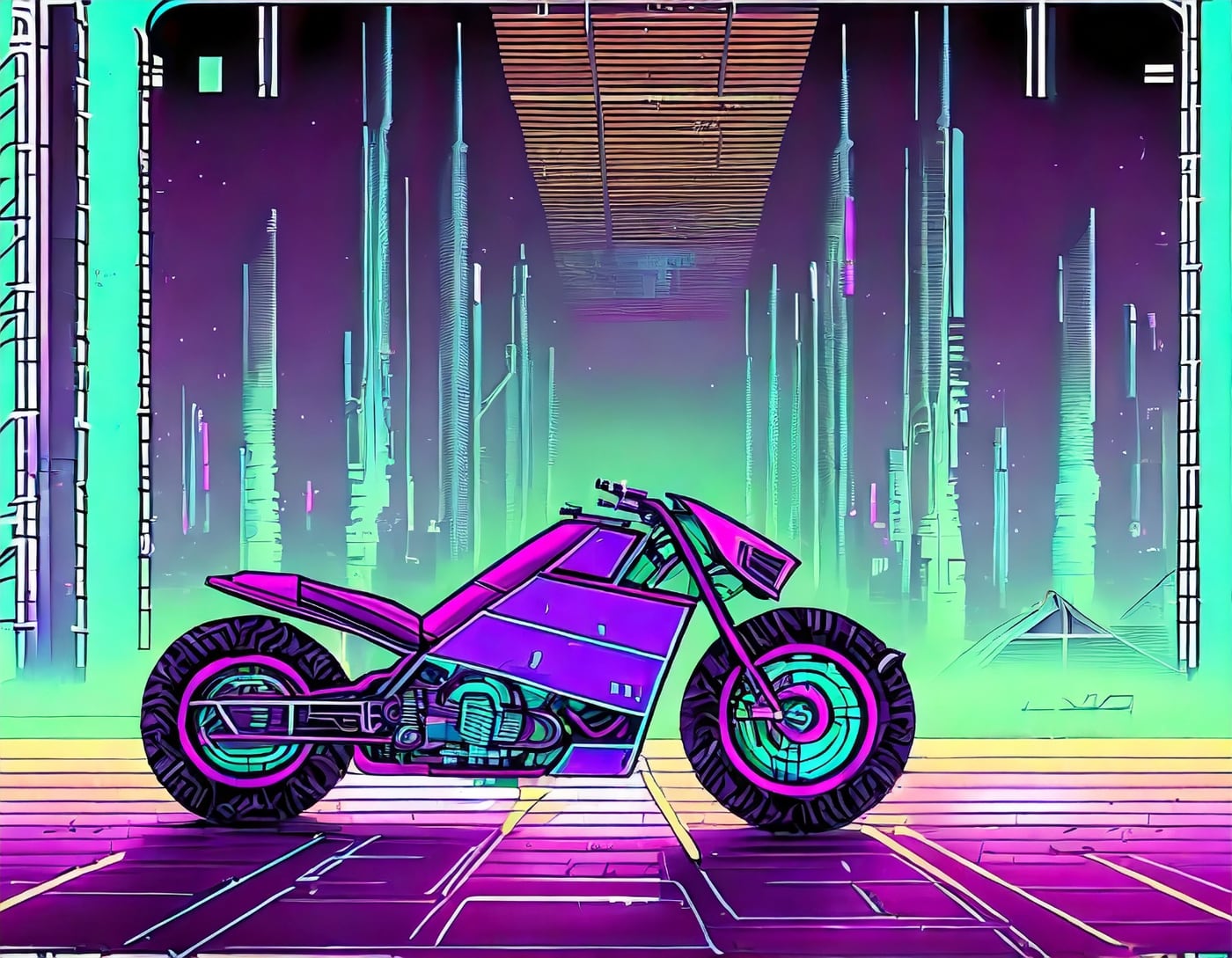 The main menu artwork: a neon light-cycle in a synthwave city